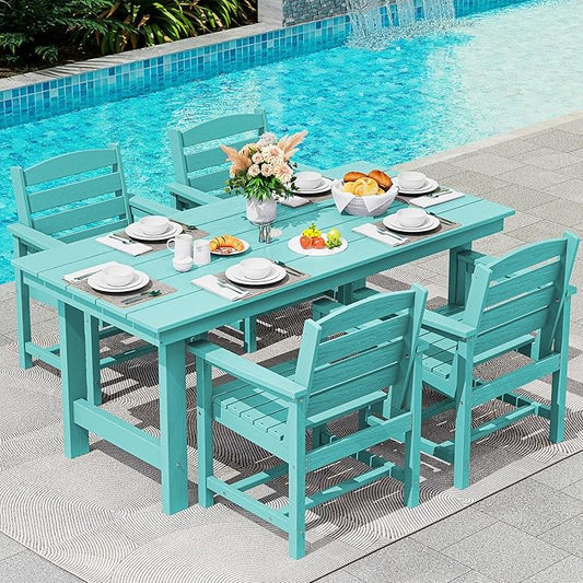 SERWALL Patio Table Set, 5-Piece Outdoor HDPE Furniture with Umbrella Hole, All Weather Dining Table and Chairs for Lawn, Garden, Poolside, Aruba