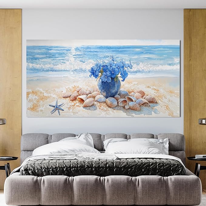 Canvas Wall Art Decor Modern Landscape Wall Art For Living Room Blue Coastal Wall Art Large Artwork for Walls Floral Wall Decor Paintings Art Work For Home Kitchen Office Wall Decor 29" X 58"
