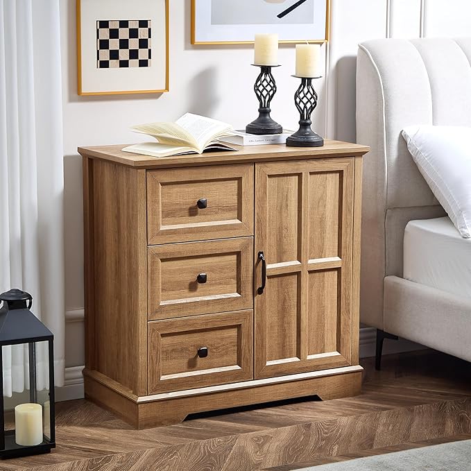 3+1 Log Dresser for Bedroom, Chest of Drawers for Bedroom with Wooden Drawers and Cross Door, Wood Dressers Storage TV Stand for Bedroom, Living Room