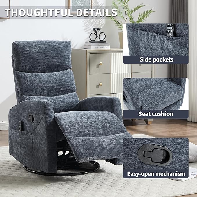 PELUMY Massage Recliner Chair with Heat - Manual Rocker Swivel Recliner, 360° Rotation & 155° Recline for Living Room（Linen Fabric, Blue）