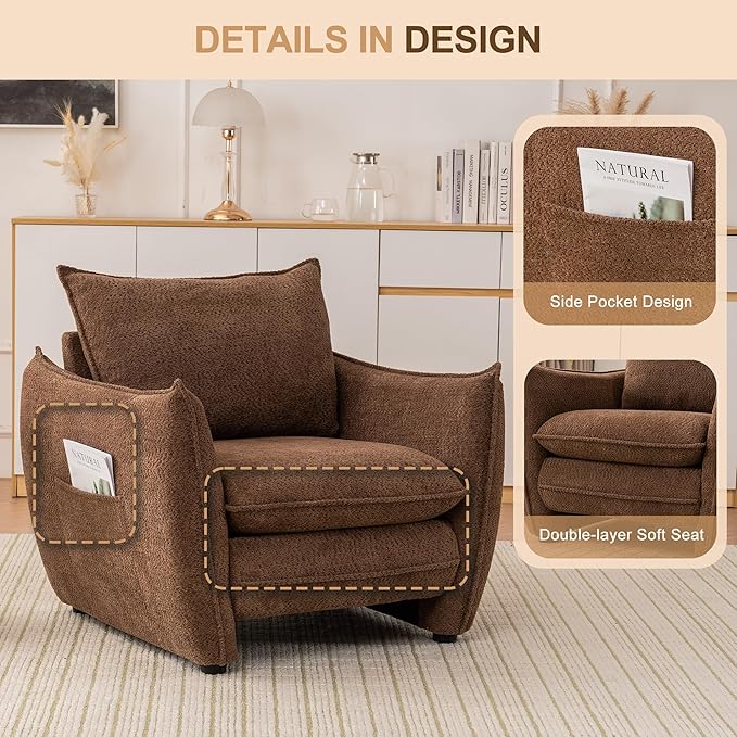 Oversized Accent Chair, Modern Single Sofa Cloud Chair with Removable Pillow, Deep Seat Comfy Armchair for Living Room Bedroom Reading Nook - Upholstered Lounge Chair (Brown, Set of 2)