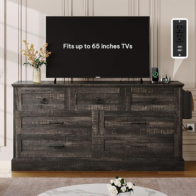 DWVO Farmhouse 7 Drawers Dresser, 59" Wide Wood Rustic Chest of Drawers with Nice Texture, Vintage Design, Storage Dressers Organizer for Living Room, Hallway, Dark Rustic Oak