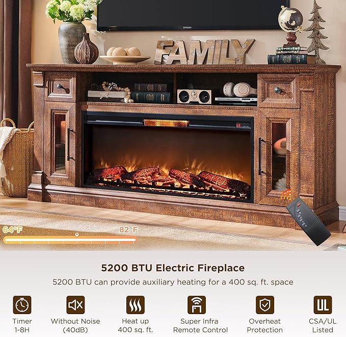 OKD Farmhouse Fireplace TV Stand for 80 Inch TV, Entertainment Center with 42" Fireplace & LED Lights, Modern Media Console Table with Storage Drawers & Cabinets, Reclaimed Barnwood Color