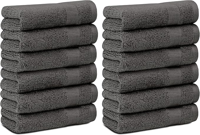 White Classic Resort Collection Soft Washcloth Face & Body Towel Set | 12x12 Luxury Hotel Plush & Absorbent Cotton Washclothes [12 Pack, Charcoal]