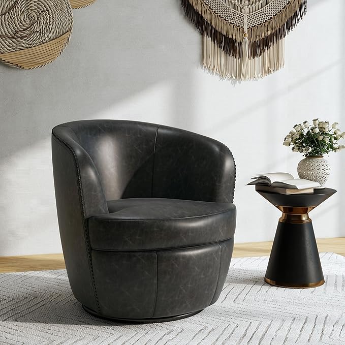 Swivel Barrel Chair, Modern Round PU Leather Accent Armchair for Living Room, Bedroom, Comfy Club Reading Chairs for Adults (Leather Black Grey, Set of 1)