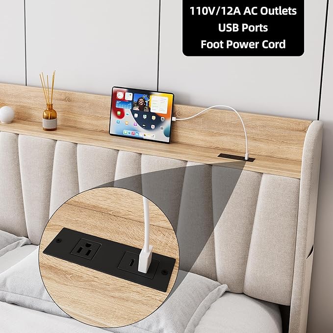 GarveeHome Upholstered Bed Frame with Storage Headboard and Charging Station, Platform Bed Frame with Drawers, Heavy Duty, No Box Spring Needed, Easy Assembly, Beige, Full Size