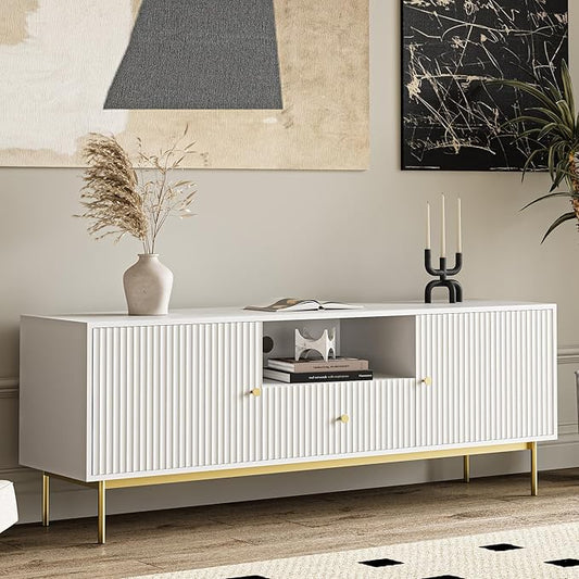 Fluted TV Stand, Modern TV Stand for 70 Inch TV, Entertainment Center with 2 Storage Cabinets, Fluted Panel Media Console for Living Room, Bedroom, Office, White