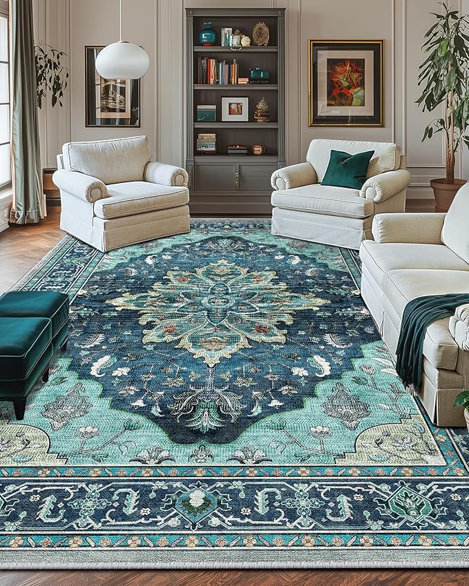 Area Rugs 9'x12' Washable Non-Slip, Floral Vintage Distress Print Pattern Medallion Carpet for Living Room Bedroom Dining Room, Teal Green Lake Blue Turquoise