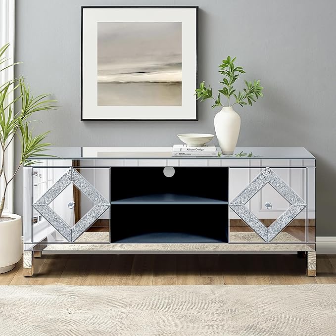 Goujxcy Mirrored TV Stand for 65+ inch TV,Sliver TV Console Table with Open Storage & 2 Storage Cabinets,Diamond Shape Mirror Doors for Living Room (B)