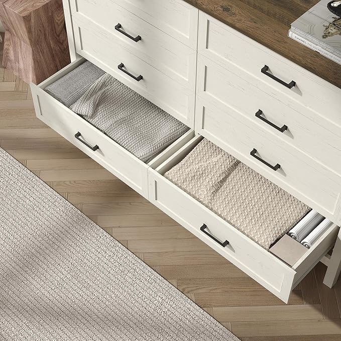 Farmhouse 8 Drawers Dresser for Bedroom, 55 Inch Wood Rustic Wide Chest with Natural Texture, Large Dressers for Bedroom, Hallway, Entryway, Antique White