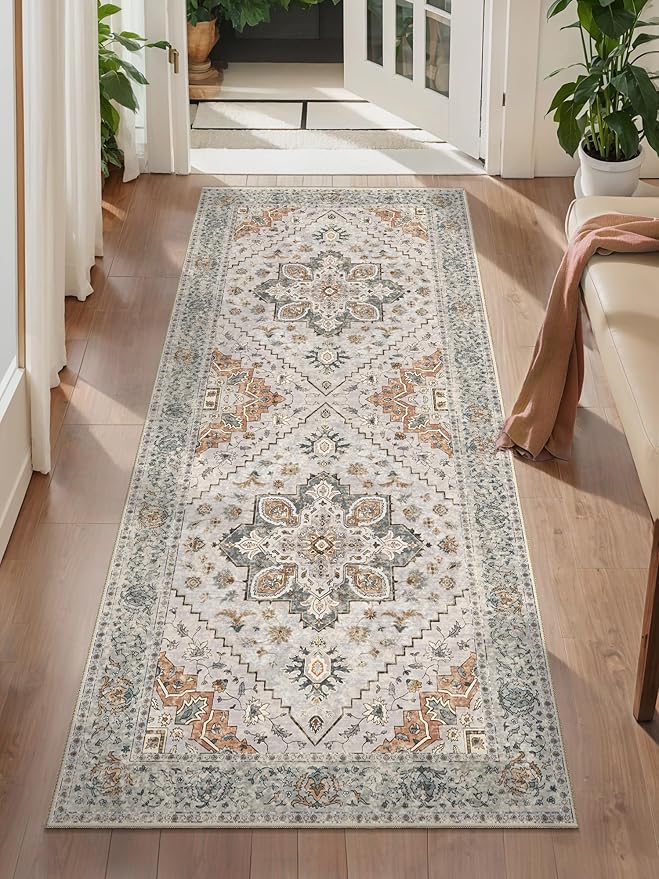 Tangsoo 2x5 Washable Runner Rug for Hallways, Non Slip Vintage Runner, Soft Low Pile Long Rug Runner, Print Distressed Grey Carpet Runners for Kitchen Bedroom Entryway Bathroom Living Room