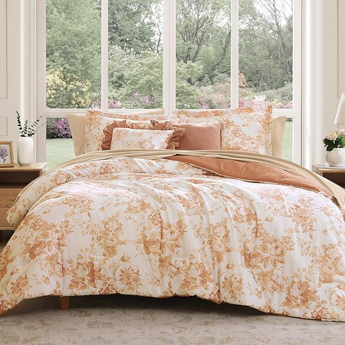 King Comforter Set -7 Pieces Autumn Leaf Floral Comforter Set for All Seasons, Bed in a Bag King with Botanical Flowers Comforter, Sheets, Pillowcases & Shams