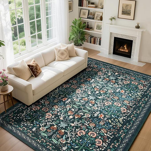Area Rug Living Room Rug, 5X7 Rugs for Living Room Floral Boho Low Pile Super Soft Washable Rug, Stain Resistant Indoor Floor Non-Slip Carpet for Bedroom Bedside Dining Room Kitchen Nursery, Green