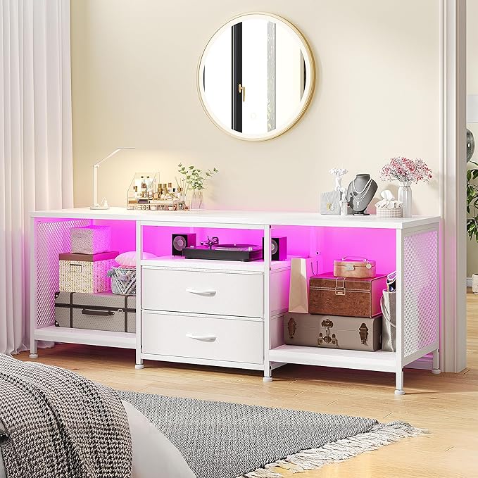 55" W TV Stand for Bedroom with LED Lights & Power Outlets Dresser TV Stand with 2 Drawers for 65" TV with Open Storage Shelves