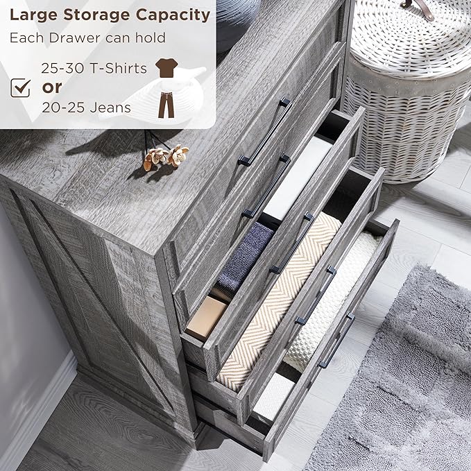 Farmhouse 5 Drawers Dresser Chests for Bedroom,46" Tall Wood Rustic Chest of Drawers with Wide Metal Handle,Natural Texture,Drawer Organizer for Bedroom,Living Room,Hallway and Entryway,Grey