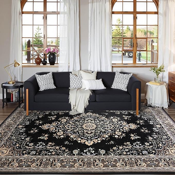 8x10 Area Rug for Living Room, Modern Washable Rug Non Slip Low Pile Large Area Rugs for Living Room, Bedroom, Farmhouse, Dining Room,Black
