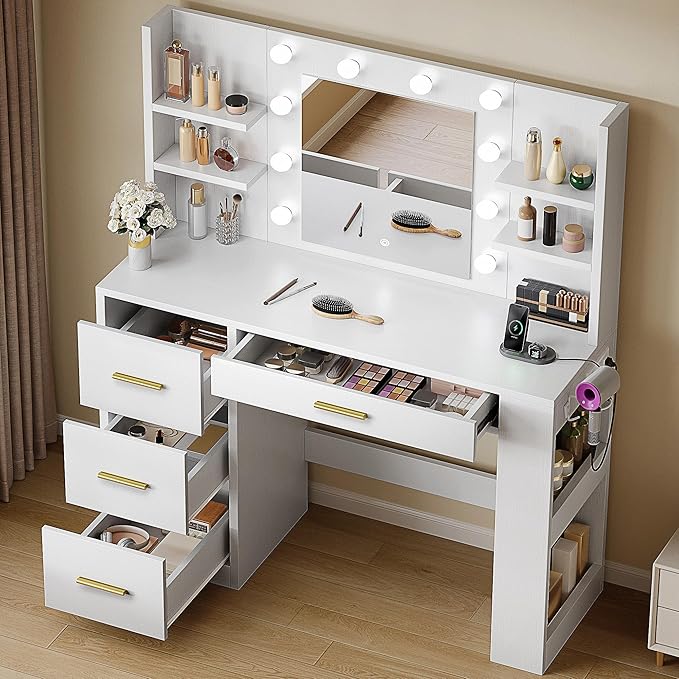 DWVO Vanity Desk with Mirror, Power Outlet and 10 Lights, 40" Big Vanity Makeup Table with 4 Drawers and 8 Open Storage Shelves, 3 Color Modes Adjustable Brightness for Bedroom, White