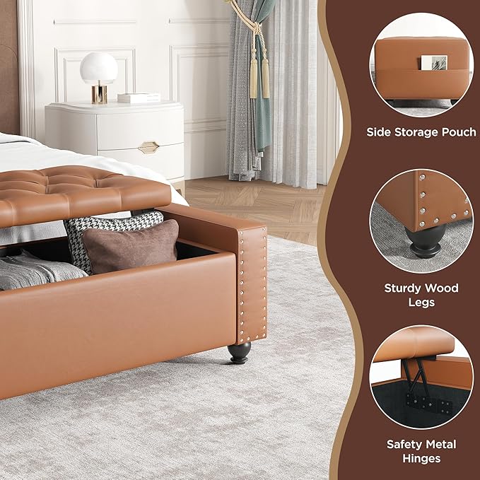 Maupvit Storage Ottoman Bench, 49 Inch Bedroom Bench, Upholstered Ottoman with Storage, Entryway Bench with Tufted Button, Faux Leather Window Bench for Bedroom, Living Room, Entryway, Hallway, Brown