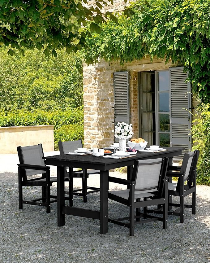SERWALL 5 Piece Outdoor Dining Table Sets for 4 with 1 Umbrella Hole Cut-Out Rectangular Table and 4 Textilene Chairs, HDPE Dining Table Sets for Garden, Backyard, Poolside, Black