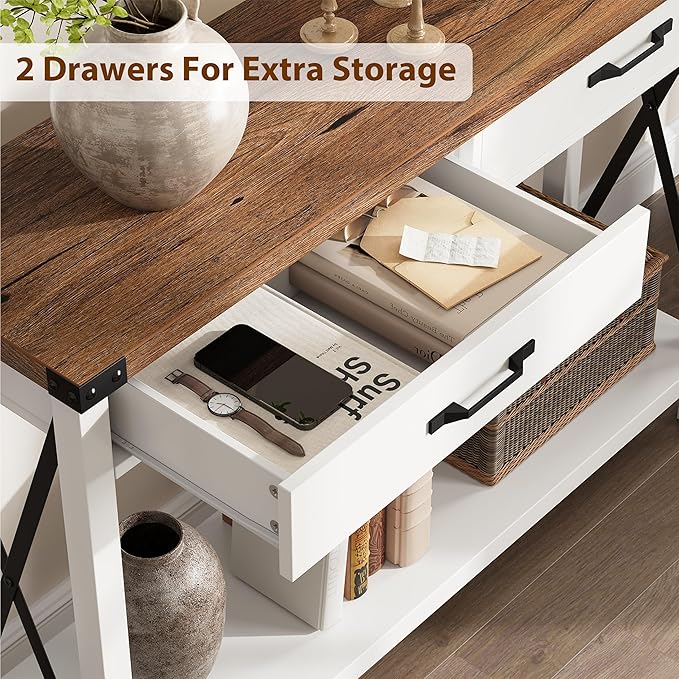 43” Entryway Table with Drawers, Narrow Console Sofa Table with Storage & Shelves, Farmhouse Entryway Console Table for Hallway, Living Room - White