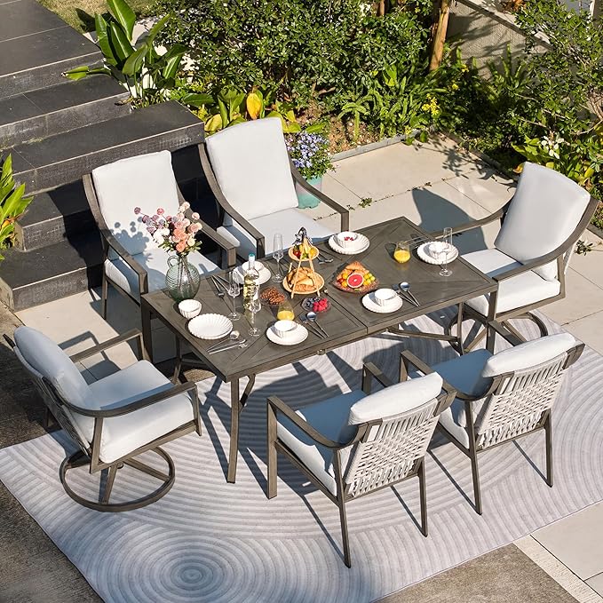 NATURAL EXPRESSIONS 7 Piece Patio Dining Table Outdoor Furniture Set for 6, 4Pcs Fixed and 2Pcs Swivel Patio Dining Chairs with Olefin Cushions, 65”Large Dining Table with Umbrella Hole