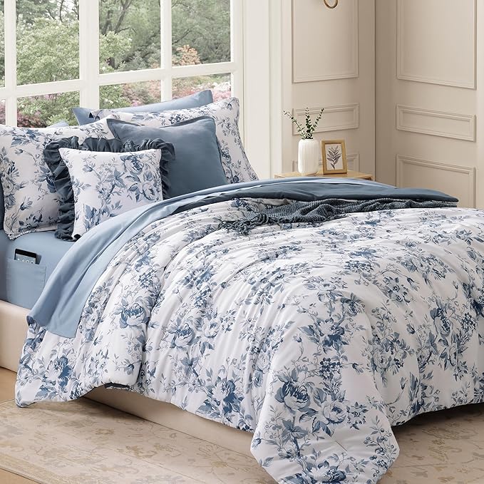 King Comforter Set -7 Pieces Floral Blue Comforter Set for All Seasons, Bed in a Bag King with Botanical Flowers Comforter, Sheets, Pillowcases & Shams