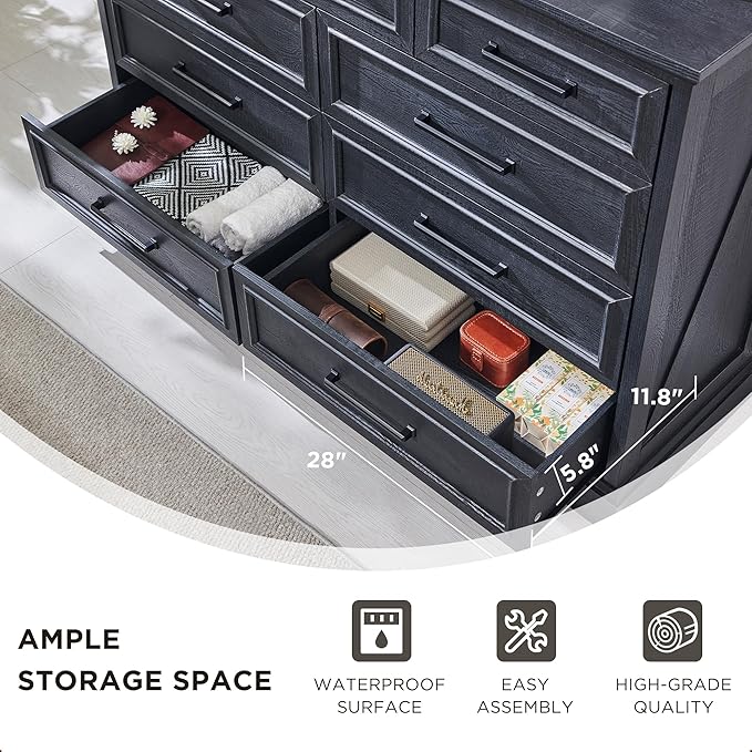 Farmhouse 6 Drawer Dresser for Bedroom, 52 Inch Wide Modern Dresser TV Stand with Large Drawers & Bar Handles, Rustic Wood Chest of Drawers for Bedroom, Living Room, Hallway, Black