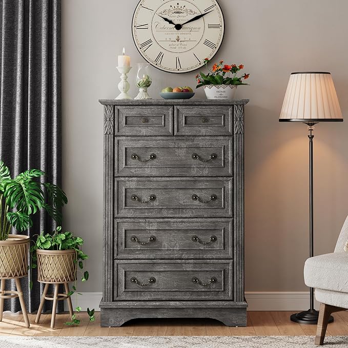 Farmhouse 6 Drawers Dresser, Wood Dressers for Bedroom, Tall 6 Chset of Drawers with Carved Wood Pilasters, Rustic Dressers Organizer for Bedroom, Hallway, Light Gray