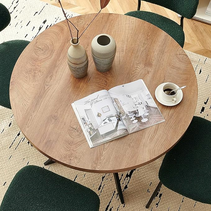 3-Piece Kitchen Table and Chairs Set,37" Round MDF Living Coffee Table with 2 Seated Green Boucle Dining Chairs Upholstered, Open-Back Living Room Chairs for Restaurant, Home, Coffe Shop