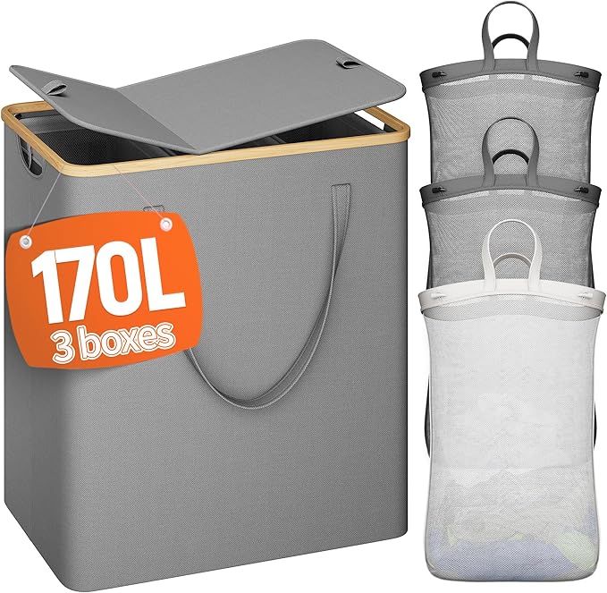 170L Laundry Hamper with Lid 3 Section, Extra Large Laundry Basket with 3 Removable Bags, Laundry Basket Organizer for Bedroom, Laundry Room, Dorm, Clothes Hamper, Grey