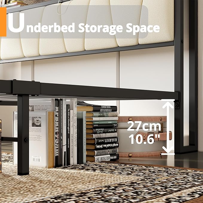 LIKIMIO King Bed Frame, Storage Headboard with Charging Station, Solid and Stable, Noise Free, No Box Spring Needed, Easy Assembly (Walnut and Beige)