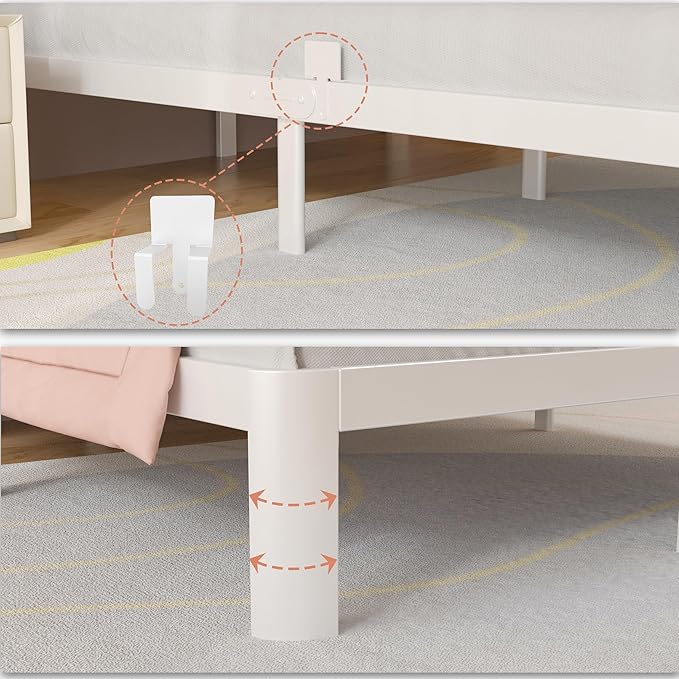 10 Inch King Size Bed Frame with Metal Baffles, White King Bed Frame No Box Spring Needed, Heavy Duty Steel Platform Support, Storage Space, Reserved Holes, Round Corner Legs, Noiseless
