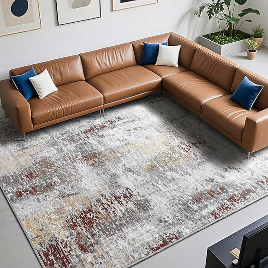 8x10 Area Rug for Living Room, Modern Washable Rug Non Slip Low Pile Large Area Rugs for Living Room, Bedroom, Farmhouse, Dining Room, Kids Playroom, Rust Red&Brown