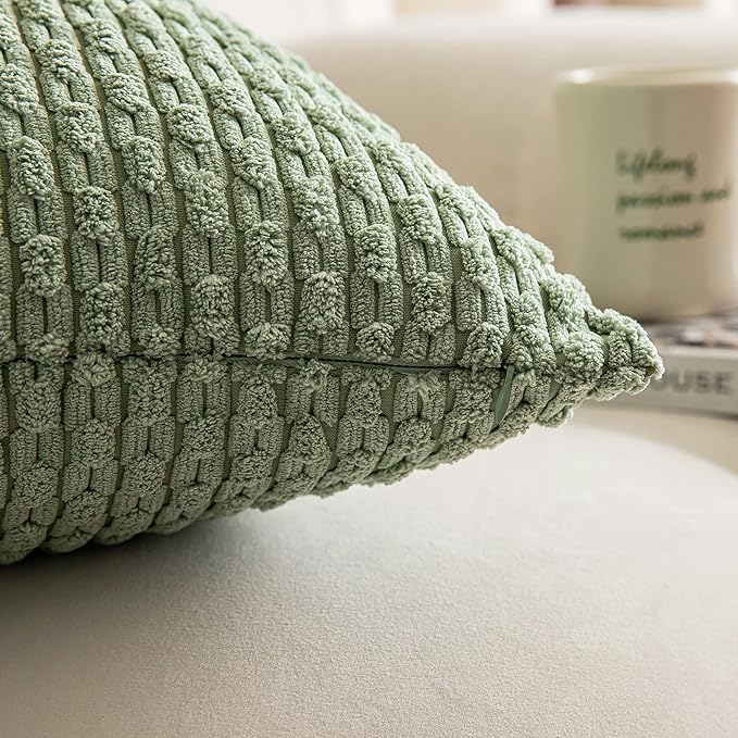 Kevin Textile 24x24 Pillow Covers 2 Packs Decorative Throw Pillow Covers with Stripe Pattern Spring Super Soft Corduroy Square Solid Cushion Cover for Couch Sofa Bedroom Living Room Sage Green