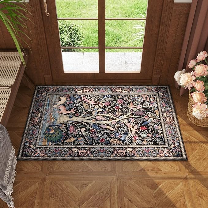 Indoor Door Mat 2x3 Rug Vibrant Tree of Life-Patterned Vintage Machine Washable Small Area Rug Non-Slip Low Pile Throw Rugs for Entryway Kitchen Front Door Entrance Entry Kids Room, Black