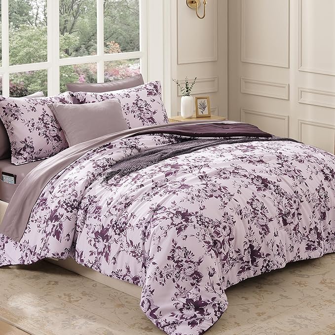 Full Comforter Set -7 Pieces Deep Purple Floral Comforter Set for All Seasons, Bed in a Bag Full with Botanical Flowers Comforter, Sheets, Pillowcases & Shams