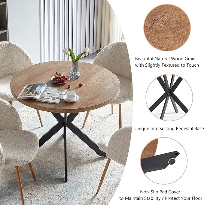 3 Pieces Dining Table Set for 2, Home Kitchen Round Dining Table with Thick Tabletop and 2 Upholstered Arm Chairs, Faux Wood Round Table with Comfy Accent Chair for Living Room,Restaurant