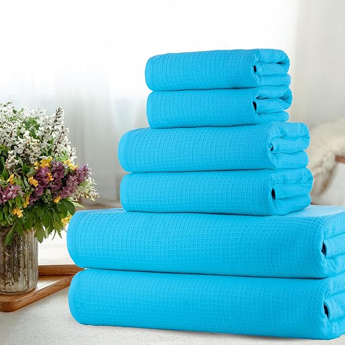 CASA COPENHAGEN Waffle Towel, 6Pieces 100% Cotton Large Towel Set- Teal Blue, 2Bath 2Hand 2Washcloths Instant Absorb and Dry, Soft Strong Towels for Hotel Spa Kitchen Bathroom & Shower