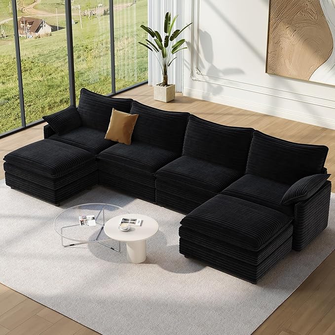 Vesgantti 142" U Shaped Sectional Couch, Comfy Cloud Modular Sectional Sofa with 2 Ottoman Deep Seat Corduroy Modern Cloud Sofa, Modular Sofas for Living Room, Bedroom and Apartment, Black