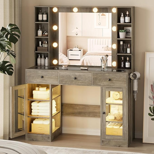 Makeup Vanity Desk with Mirror and Lights, Glass Top Vanity Table Set with Drawers & Power Outlet, Large Dressing Table with 3 Color Lighting Modes & RGB Cabinets for Women Girls Kids Bedroom, Grey