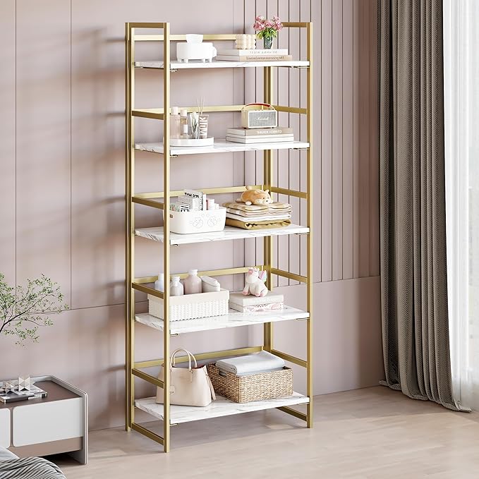 BHG No Assembly Folding Bookshelf for Living Room, 5 Tier Gold Collapsible Book Shelf for Home Office, Portable Bookcase Storage Organizer