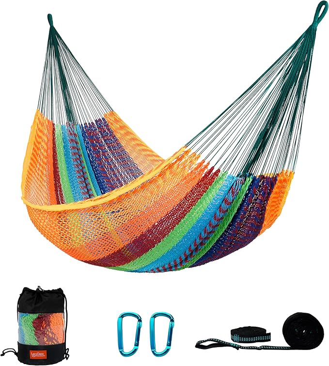 LazyDaze Hammocks Handwoven Outdoor Double Rope Mayan Hammock Bed, Tree Hammocks with Stand for Outside Patio Indoor Bedroom, hamacas para adultos, Multicolor
