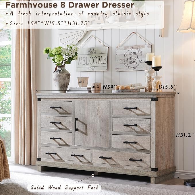 T4TREAM Farmhouse 8 Drawers Dresser for Bedroom, 54" Wide Wood Chest of Drawers w/Storage Cabient & Adjustable Shelf, Rustic Dressers Organizer for Living Room, Hallway, Light Rustic Oak