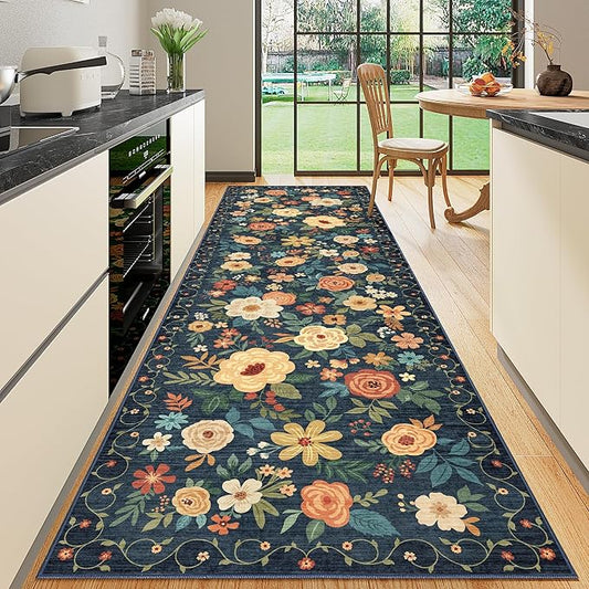 DUKINO 3x10 Runner Rug for Hallway, Washable Kitchen Floral Runner Rug with Non Slip Backing, Low Pile Soft Boho Carpet for Kitchen, Hallway, Entryway, Laundry, Bedroom, Navy Blue
