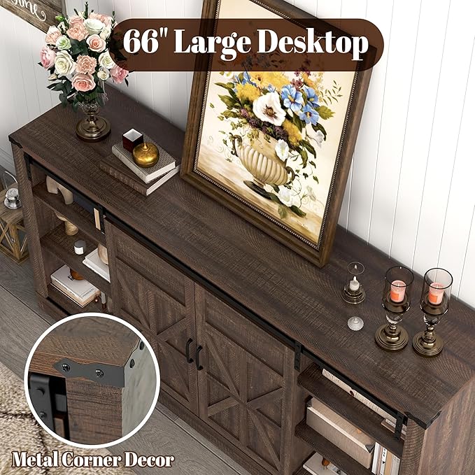 66" Farmhouse TV Stand for 75 Inch TV, 33" Tall Entertainment Center with Power Outlets & Sliding Barn Door, Wood TV Stands with Storage, TV Media Console for Living Room, Brown