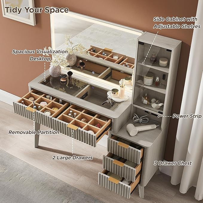 T4TREAM 48" Fluted Makeup Vanity Desk with Large 36" Mirror and Lights, Modern Glass Top Big Vanity Table w/5 Drawers & Adjustable Shelves, Dressing Table w/Charging Station for Bedroom, White Alder