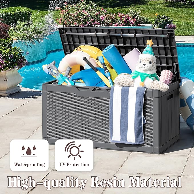 Greesum 100 Gallon Resin Deck Box Large Outdoor Storage Boxes with Cushions for Garden Tools, Patio Furniture Pillows, Pool Supplies, Gray