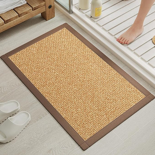Non Slip Ultra Thin Bathroom Rugs Mat 20x32, Bath Mat for Bathroom Quick Dry Absorbent Bathroom Mat Floor Rubber Backed Fit Under Door, Woven Washable Bath Rugs, Brown