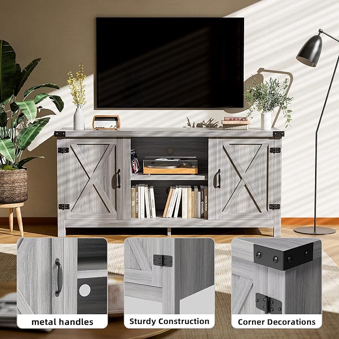 JUMMICO TV Stand, 65 Inch TV Farmhouse Entertainment Center with Double Barn Doors and Storage Cabinets, Console TV Table Media for Living Room, Bedroom (Grey)