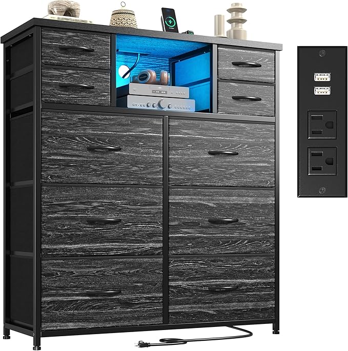 Dresser for Bedroom with Charging Station and LED and 10 Fabric Drawers, Sturdy Tall Chest of Drawers with 2 Open Storage Shelves Storage Tower for Clothing, Closet, Hallway (Black)